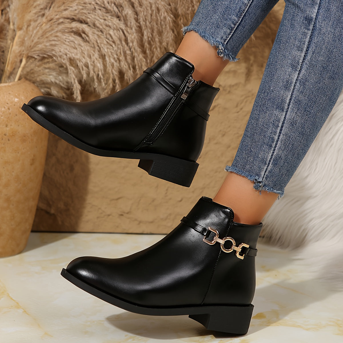 Women's Black Ankle Boots with a Gold Chain Strap | Side Zip Entry, Low Block Heel and a Round Toe | Size 5.5-10.5