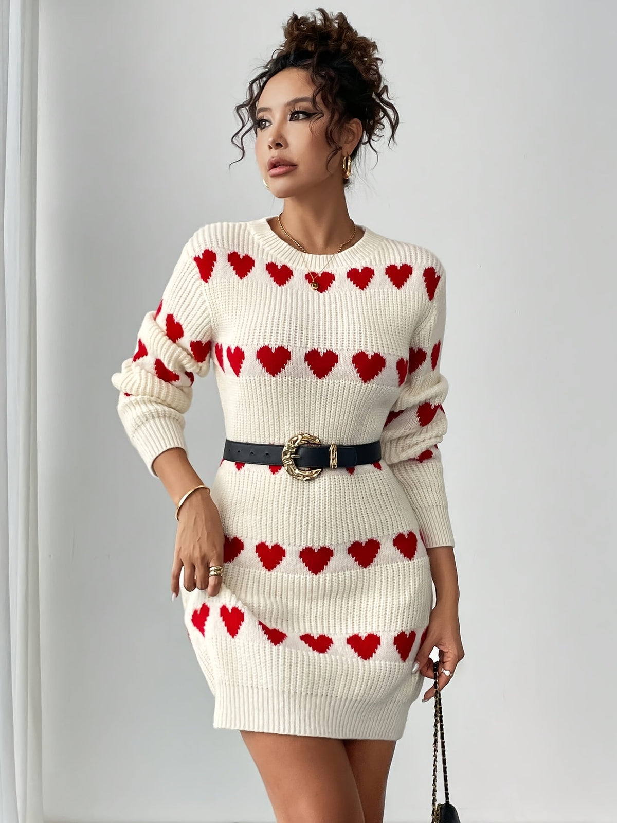 Women's Mini Sweater Dress with Red Heart Pattern | Round Neck, Long Sleeves, Acrylic Blend Knit | Sizes S-2XL in White