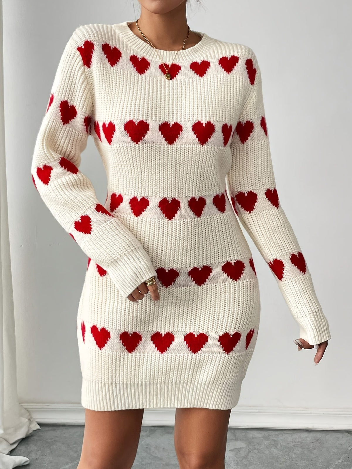 Women's Mini Sweater Dress with Red Heart Pattern | Round Neck, Long Sleeves, Acrylic Blend Knit | Sizes S-2XL in White