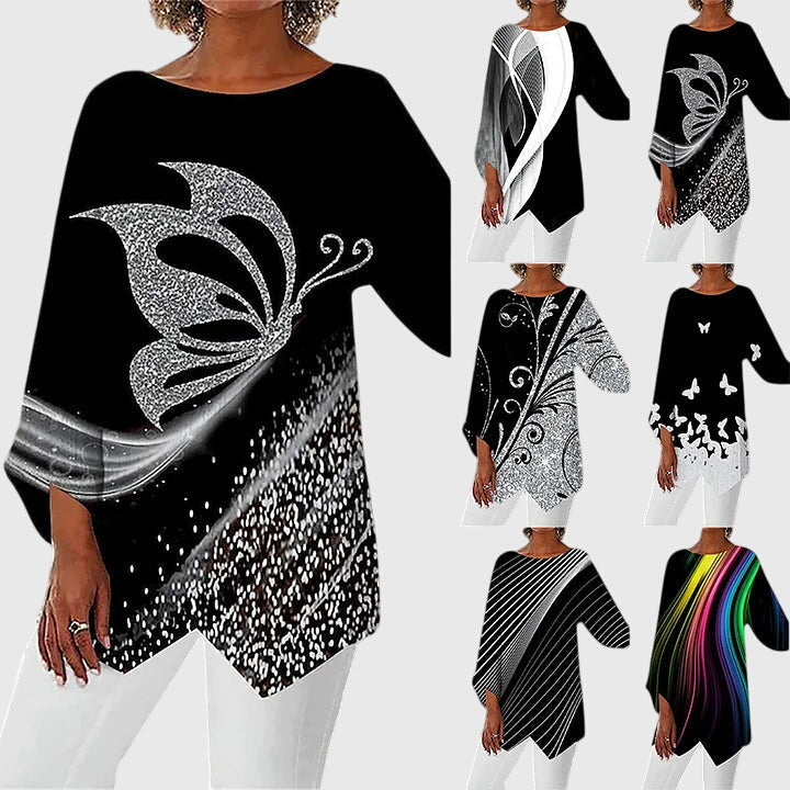 Women's Asymmetrical Print Top with a Butterfly Motif | Round Neck, Three-Quarter Sleeves | Size S-3XL, 6 Designs