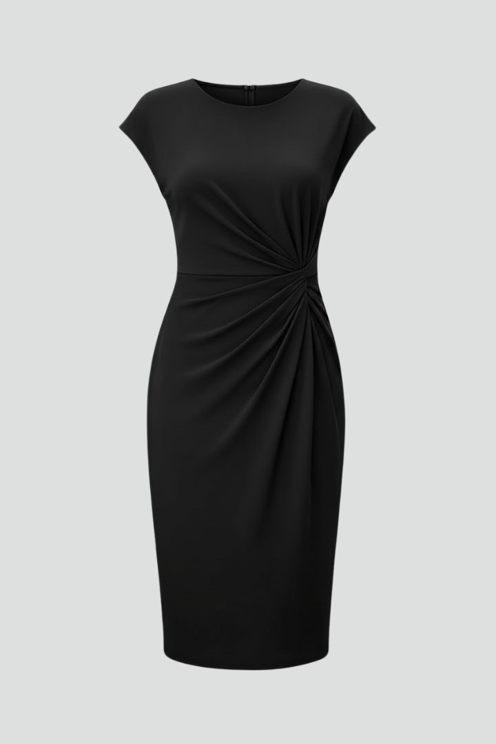 Women's Midi Dress with a Draped Waist | Round Neck and Flutter Sleeves for the Office | Size 2XS-XL, 8 Colors