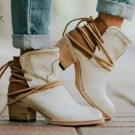 Women's Western Boots with Wrap Around Ankle Lacing | Stacked Block Heel, Cowgirl Style in Three Neutral Shades | Size 5-10.5, 3 Colors