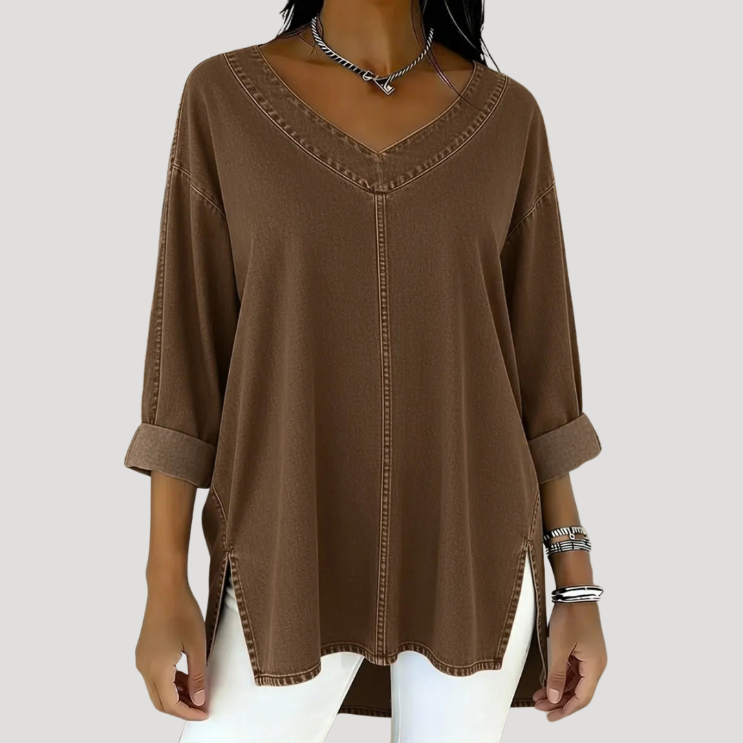 Women's V-Neck Tunic Top with Roll-Up Long Sleeves | Hip-Covering Length to Wear with Leggings | Size S-3XL, 6 Colors