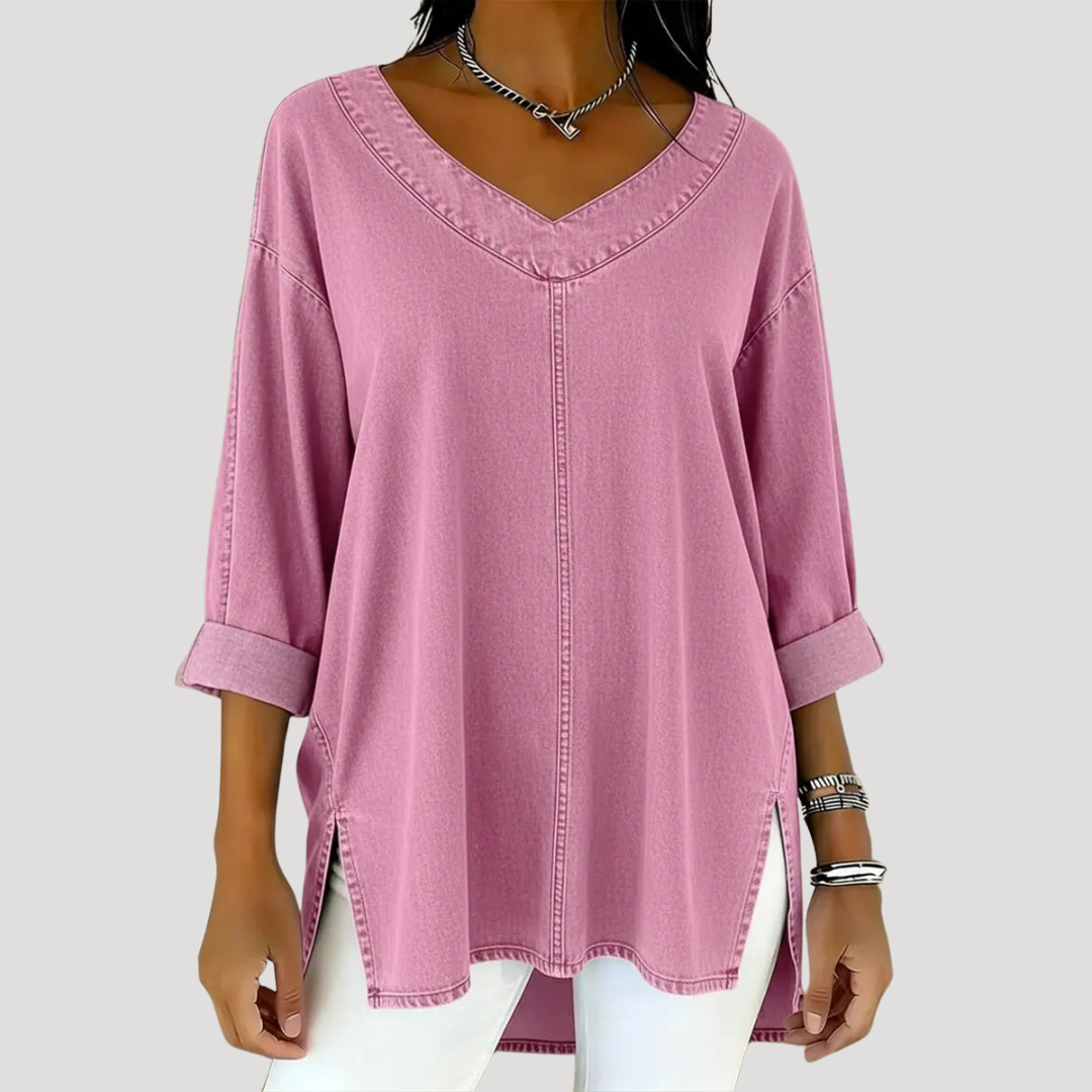 Women's V-Neck Tunic Top with Roll-Up Long Sleeves | Hip-Covering Length to Wear with Leggings | Size S-3XL, 6 Colors
