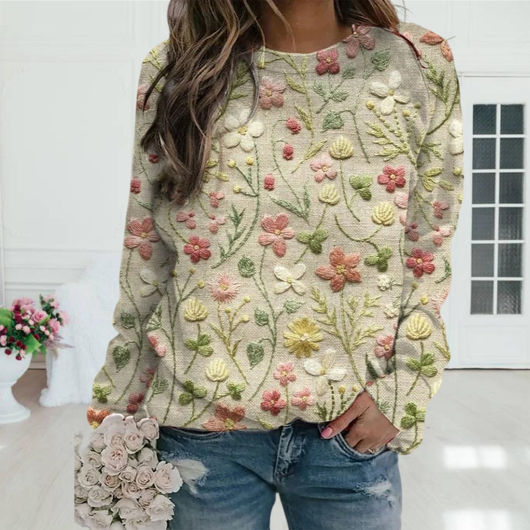 Women's Beige Floral Embroidered Cotton Sweater with Crew Neck | Lightweight Knit Pullover for Spring | Size S-3XL
