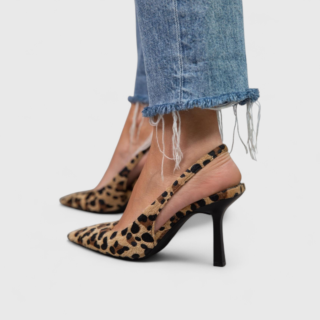 Women's Leopard Print Slingback Pumps for Work and Evening | Stiletto Heel, Tapered Toe, Back Strap | Size 6-10.5
