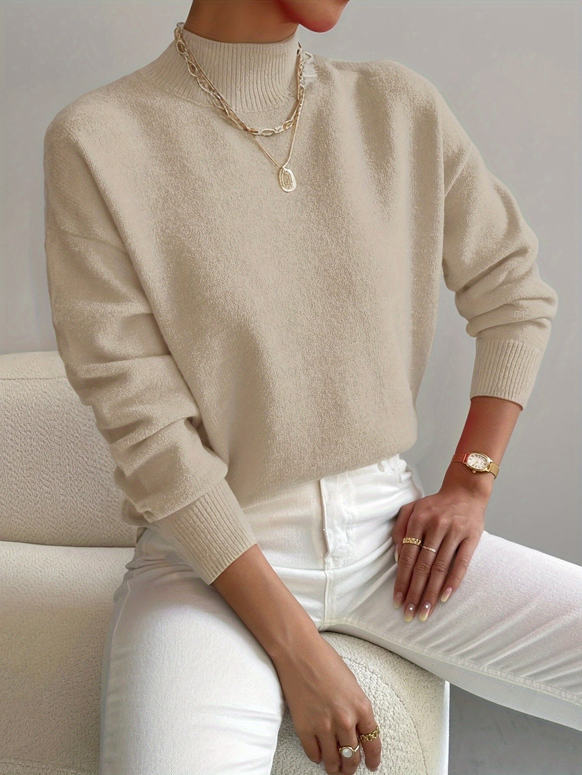 Women's Mock Neck Pullover Sweater in Soft Knit | Relaxed Fit, Long Sleeves, Ribbed Cuffs for Fall and Winter | Size S-2XL