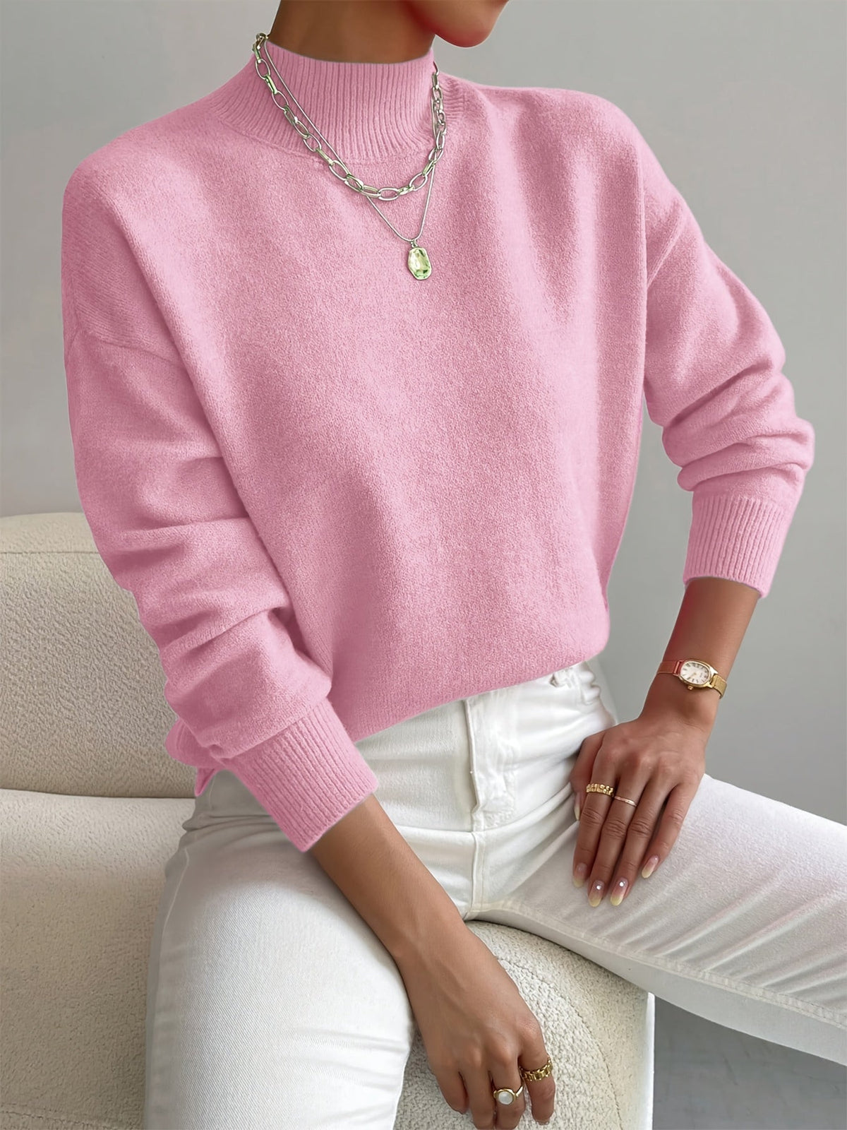 Women's Mock Neck Pullover Sweater in Soft Knit | Relaxed Fit, Long Sleeves, Ribbed Cuffs for Fall and Winter | Size S-2XL