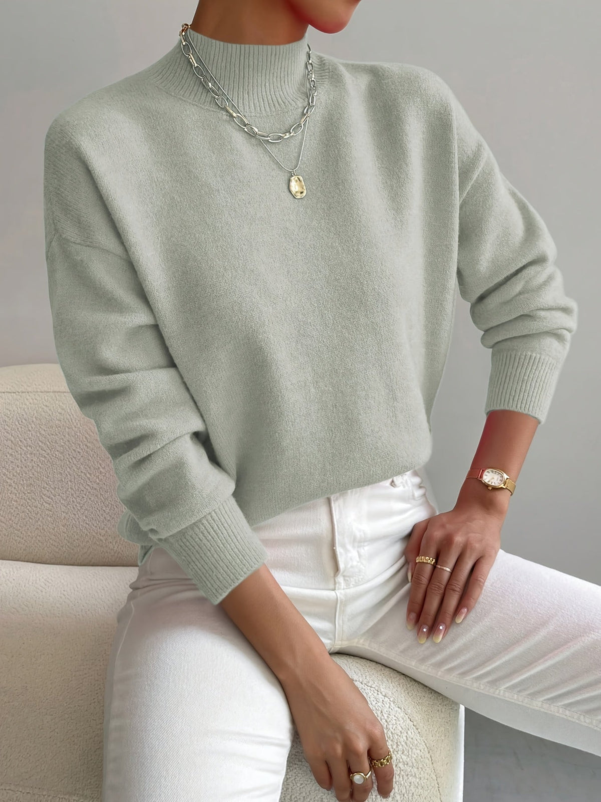Women's Mock Neck Pullover Sweater in Soft Knit | Relaxed Fit, Long Sleeves, Ribbed Cuffs for Fall and Winter | Size S-2XL