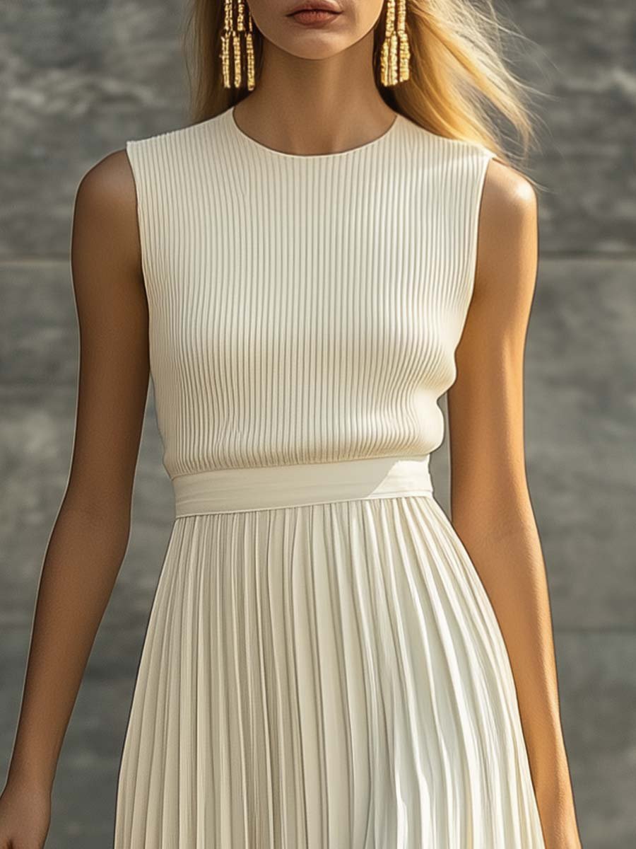 Women's Cream Maxi Dress with Pleated Skirt | Sleeveless Ribbed Knit Bodice, Round Neck | Sizes XS-2XL