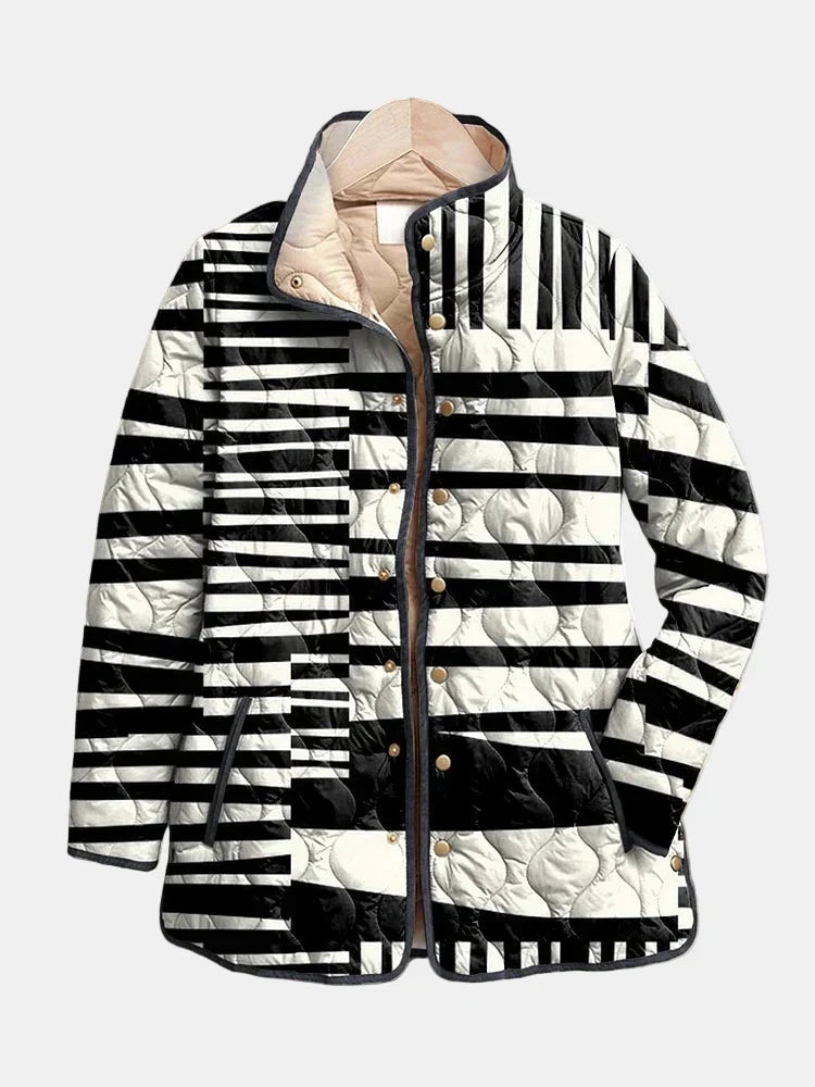 Women's Quilted Jacket with Black and White Stripe Print | Padded Zip Front Layer with Stand Collar | Size S-3XL
