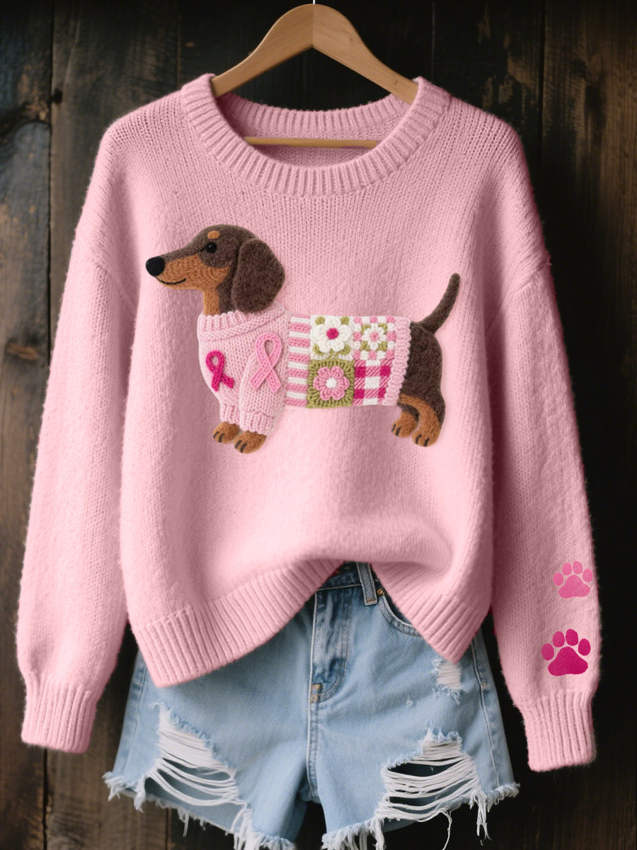 Women's Dachshund Motif Sweater | Textured Knit Pullover with Ribbed Cuffs and Paw Prints | Size S-5XL, 5 Colors