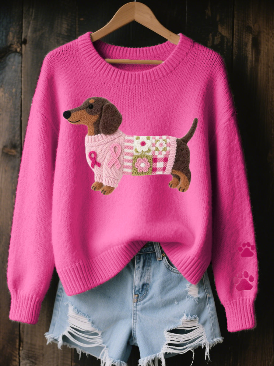 Women's Dachshund Motif Sweater | Textured Knit Pullover with Ribbed Cuffs and Paw Prints | Size S-5XL, 5 Colors