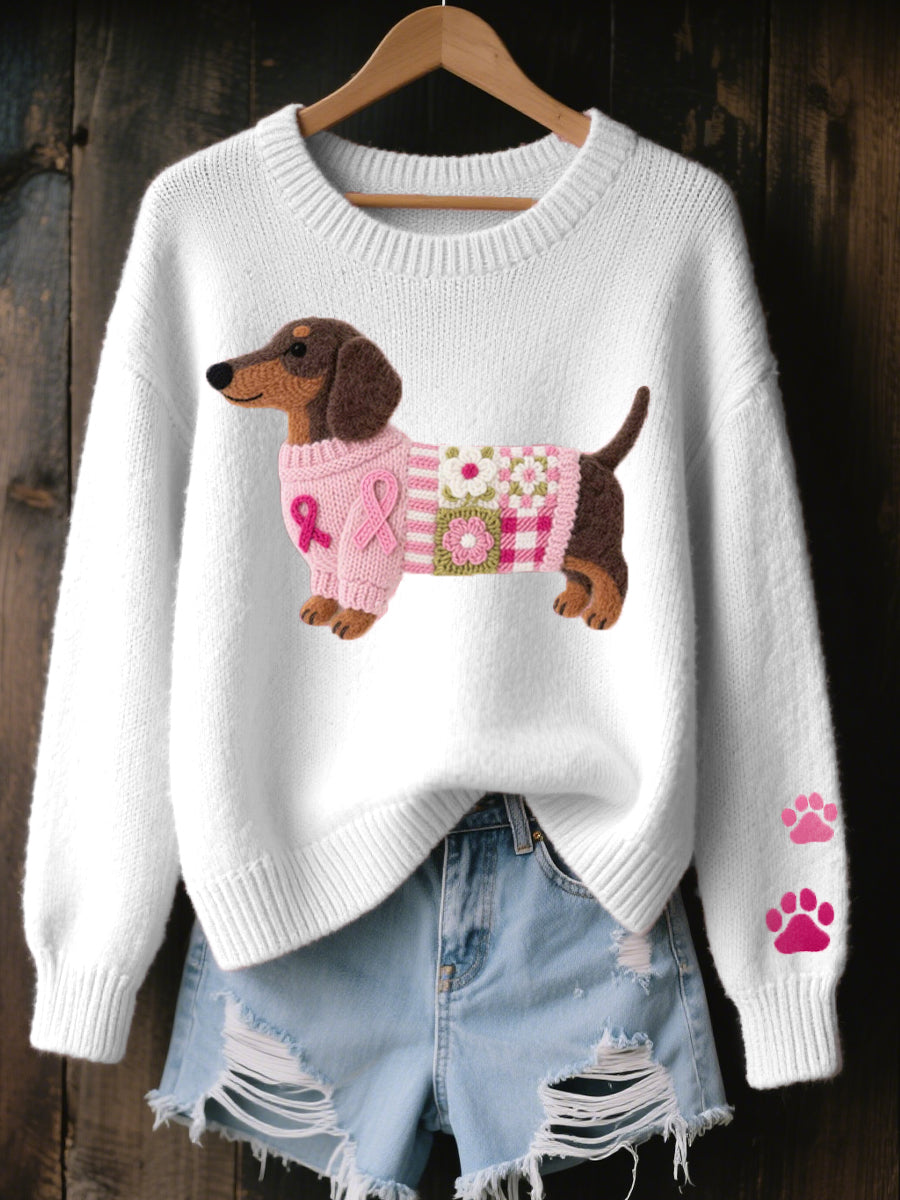 Women's Dachshund Motif Sweater | Textured Knit Pullover with Ribbed Cuffs and Paw Prints | Size S-5XL, 5 Colors