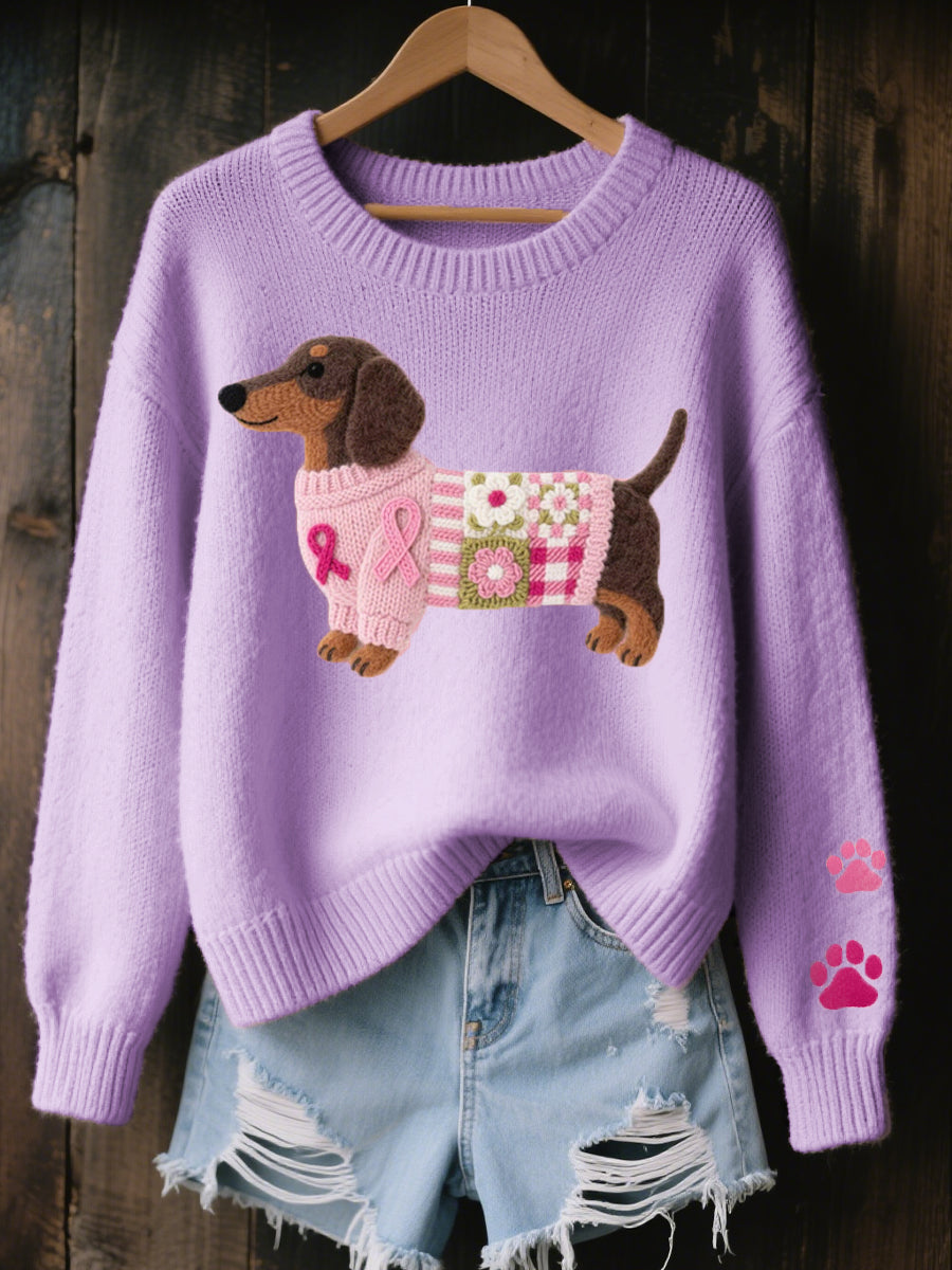 Women's Dachshund Motif Sweater | Textured Knit Pullover with Ribbed Cuffs and Paw Prints | Size S-5XL, 5 Colors