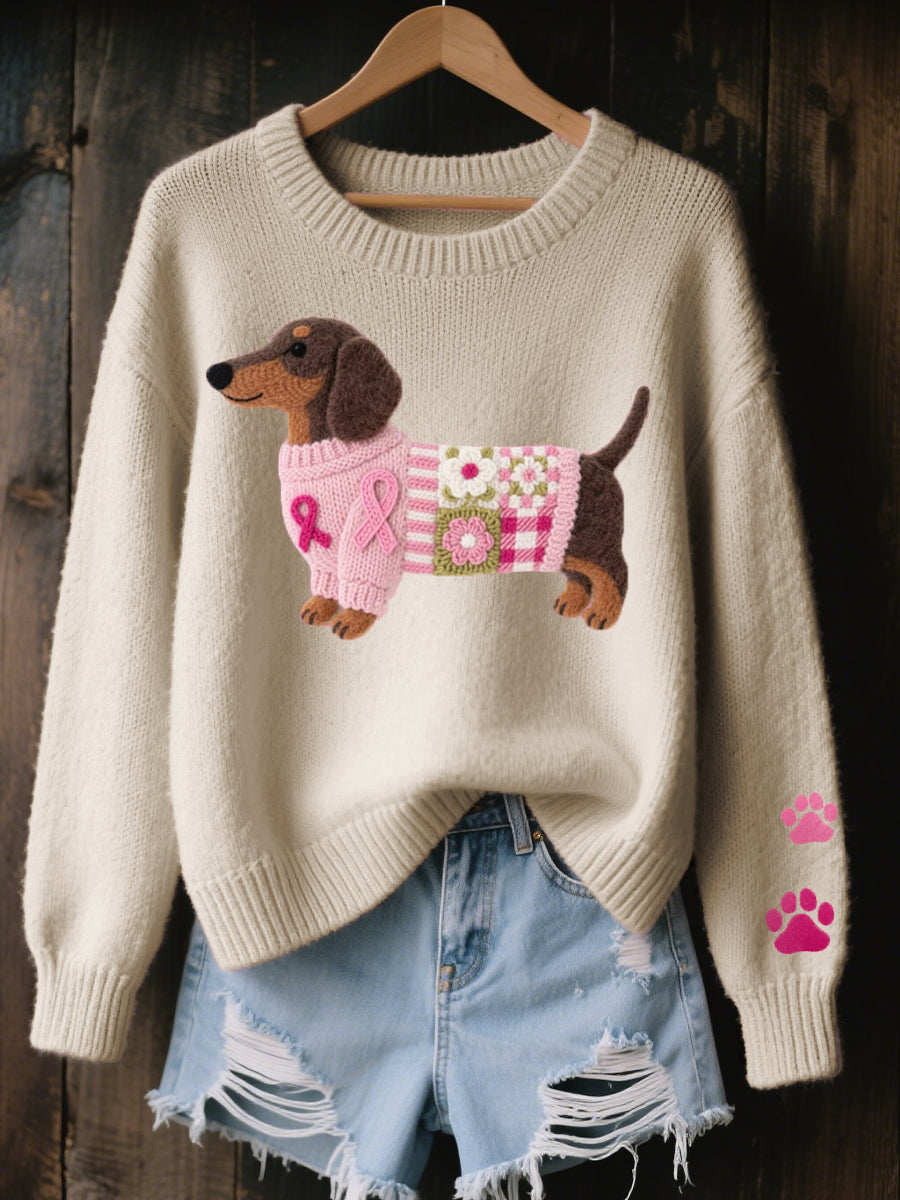 Women's Dachshund Motif Sweater | Textured Knit Pullover with Ribbed Cuffs and Paw Prints | Size S-5XL, 5 Colors
