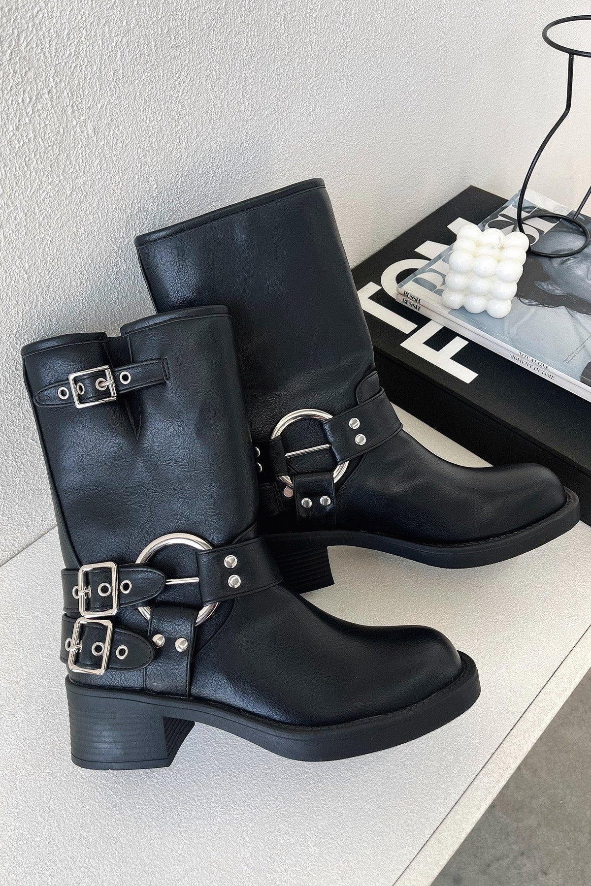 Women's Black Chunky Block Heel Boots with Lug Sole and Buckles | Studded Detail, Cushioned Footbed | Size 4-12