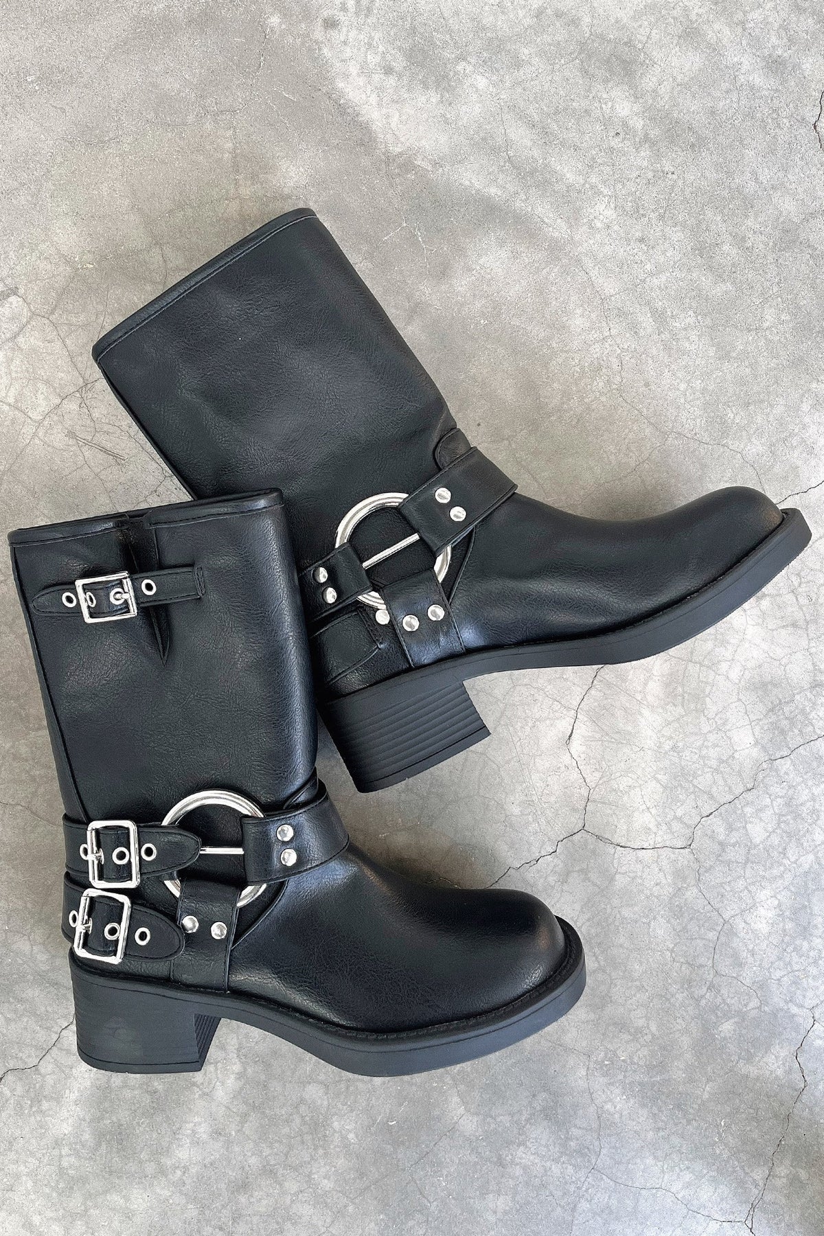 Women's Black Chunky Block Heel Boots with Lug Sole and Buckles | Studded Detail, Cushioned Footbed | Size 4-12