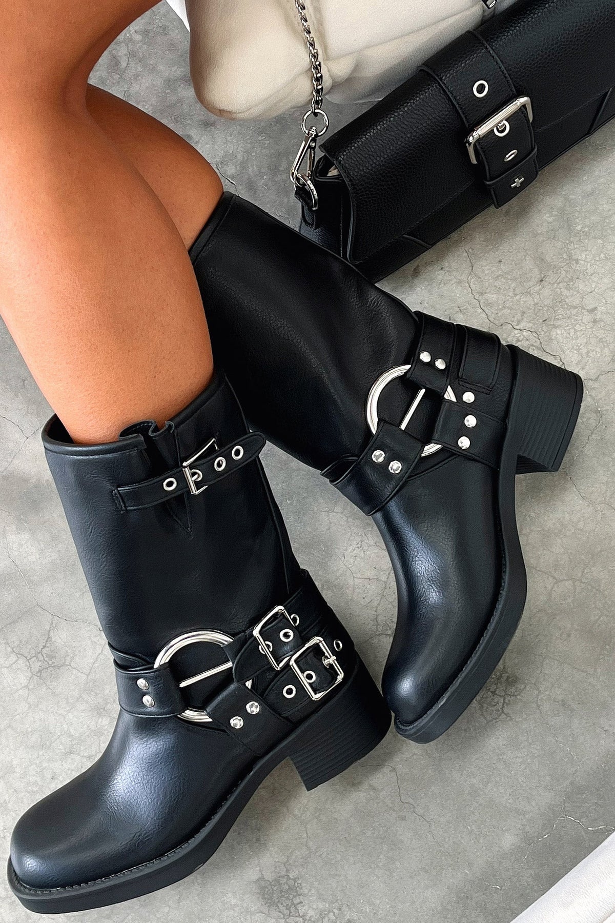 Women's Black Chunky Block Heel Boots with Lug Sole and Buckles | Studded Detail, Cushioned Footbed | Size 4-12