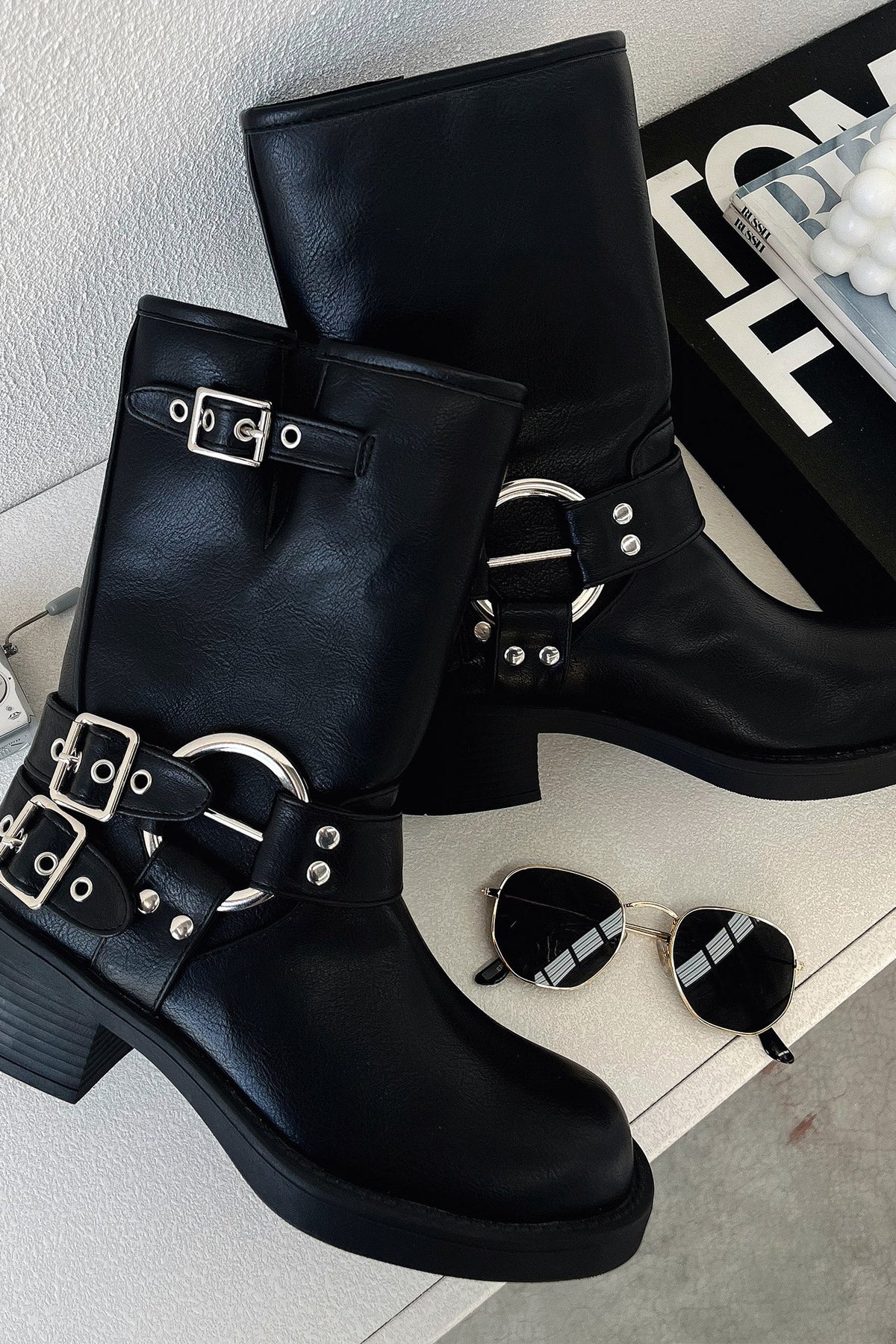 Women's Black Chunky Block Heel Boots with Lug Sole and Buckles | Studded Detail, Cushioned Footbed | Size 4-12