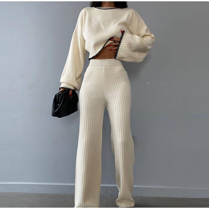 Women's Two Piece Knit Set with a Cropped Sweater | High Waist Trousers and Contrast Trim | One Size, 7 Colors