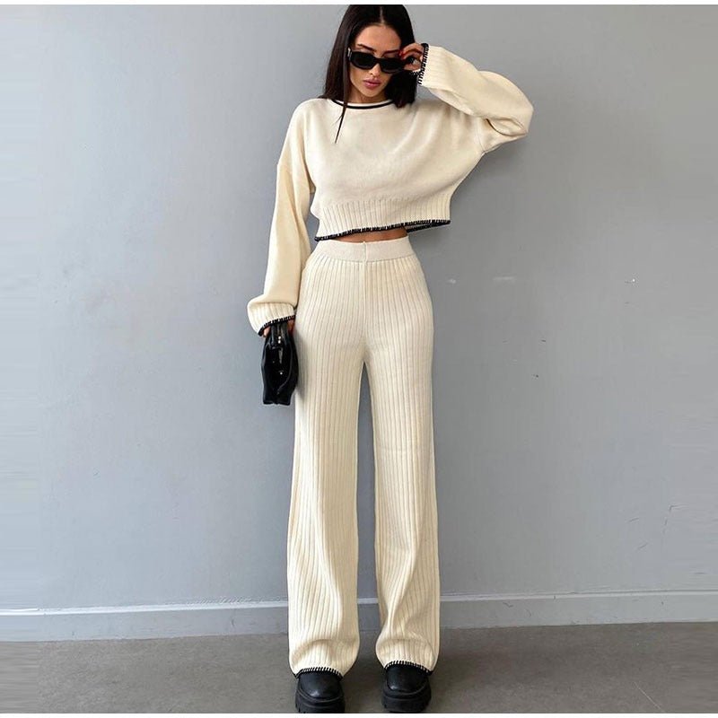 Women's Two Piece Knit Set with a Cropped Sweater | High Waist Trousers and Contrast Trim | One Size, 7 Colors
