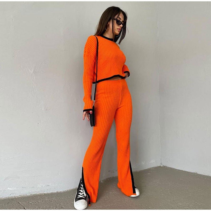 Women's Two Piece Knit Set with a Cropped Sweater | High Waist Trousers and Contrast Trim | One Size, 7 Colors