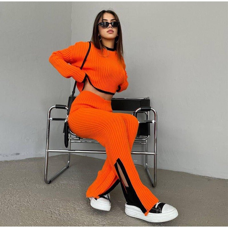 Women's Two Piece Knit Set with a Cropped Sweater | High Waist Trousers and Contrast Trim | One Size, 7 Colors