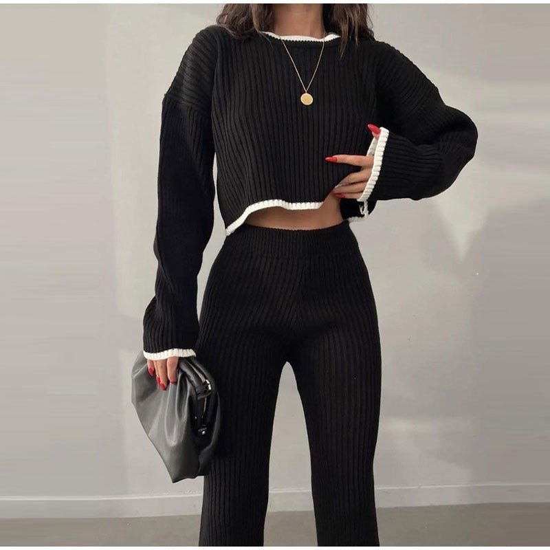 Women's Two Piece Knit Set with a Cropped Sweater | High Waist Trousers and Contrast Trim | One Size, 7 Colors