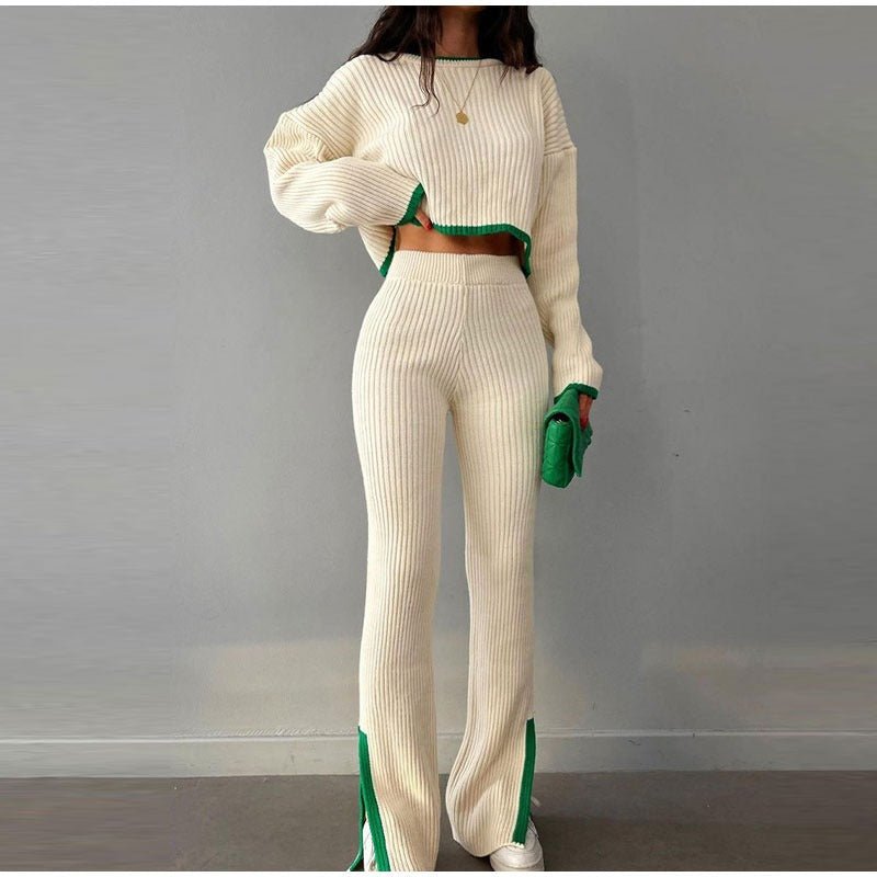 Women's Two Piece Knit Set with a Cropped Sweater | High Waist Trousers and Contrast Trim | One Size, 7 Colors