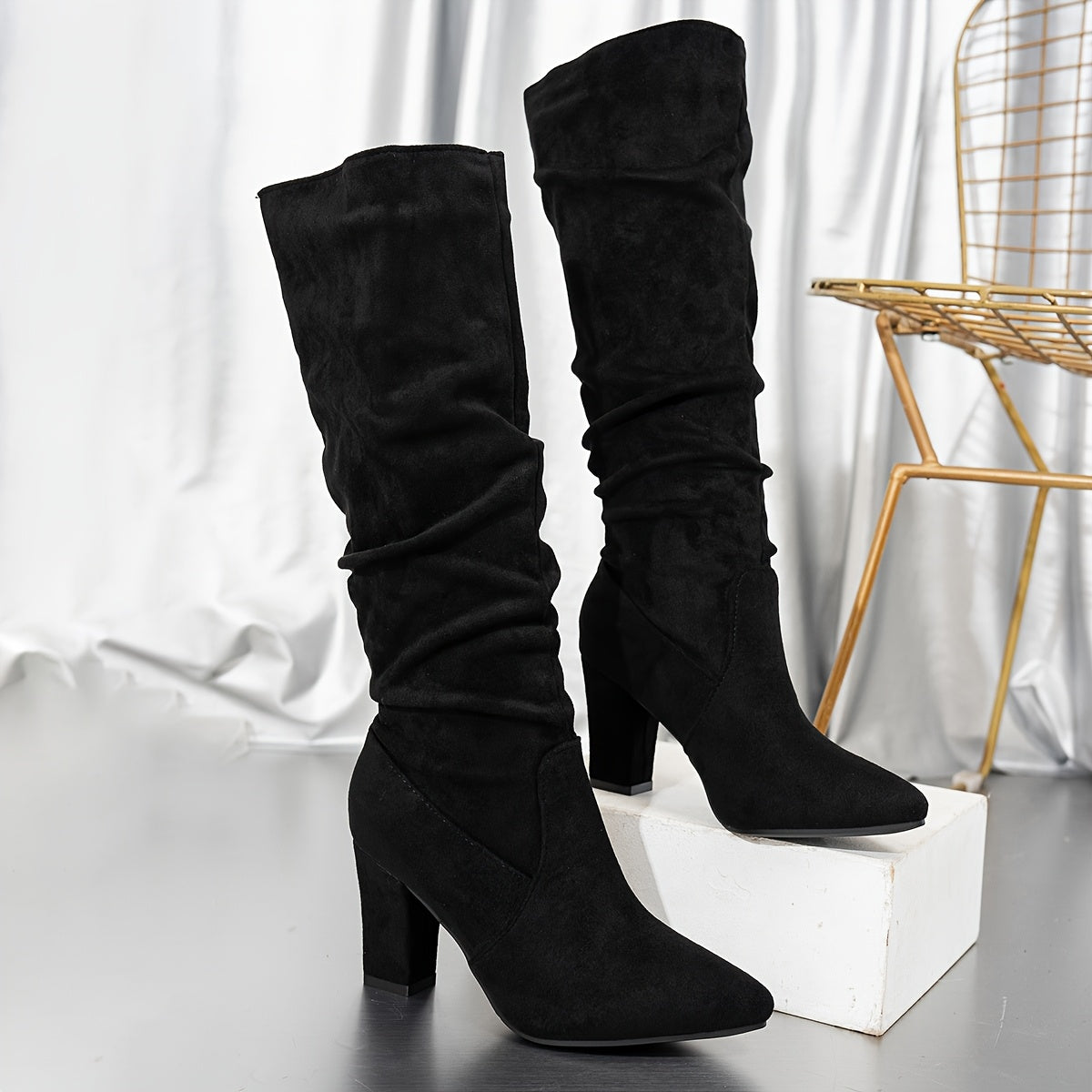 Women's Black Knee High Slouch Boots with Block Heel | Faux Suede Pointed Toe Footwear, Cushioned Footbed | Size 7.5-10