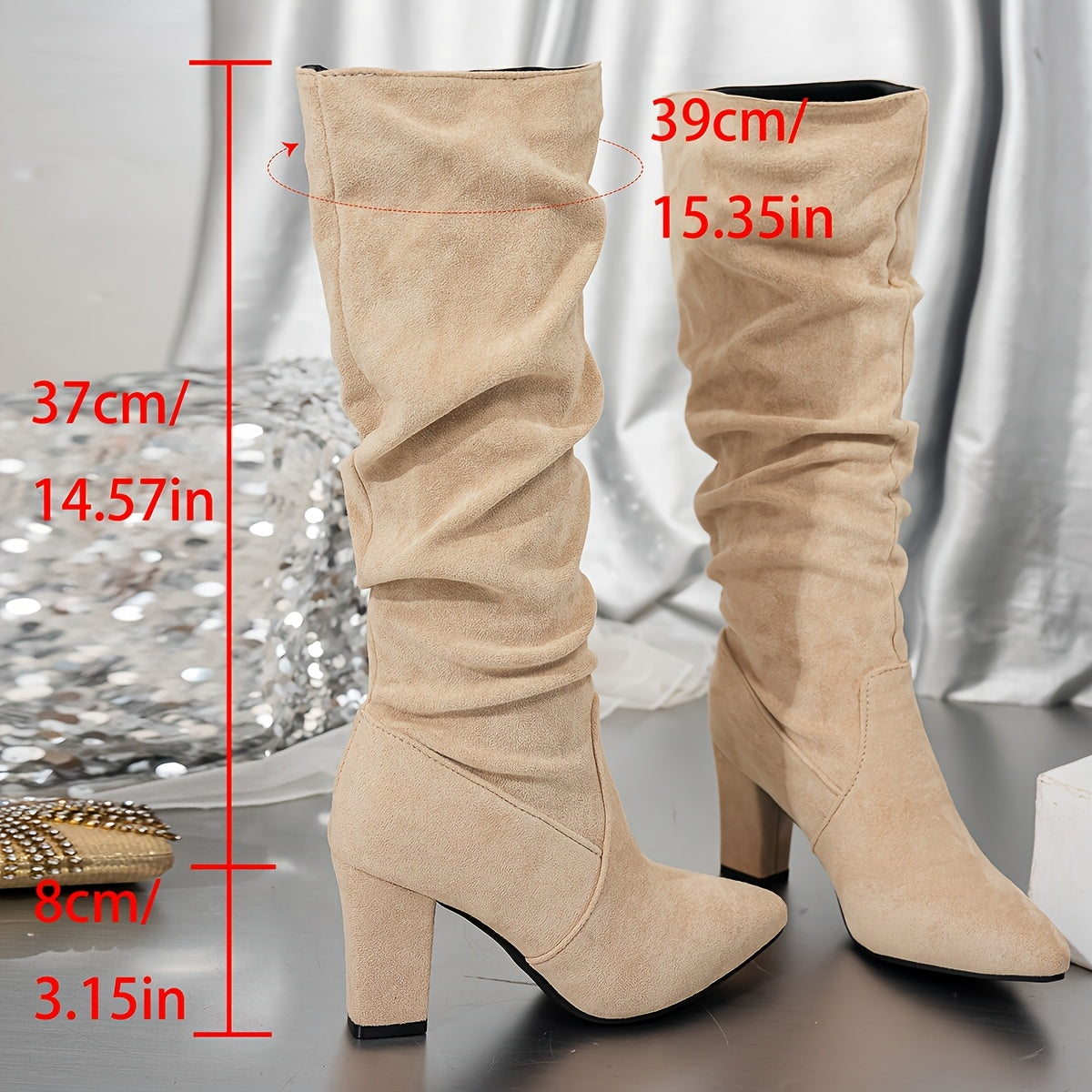 Women's Black Knee High Slouch Boots with Block Heel | Faux Suede Pointed Toe Footwear, Cushioned Footbed | Size 7.5-10