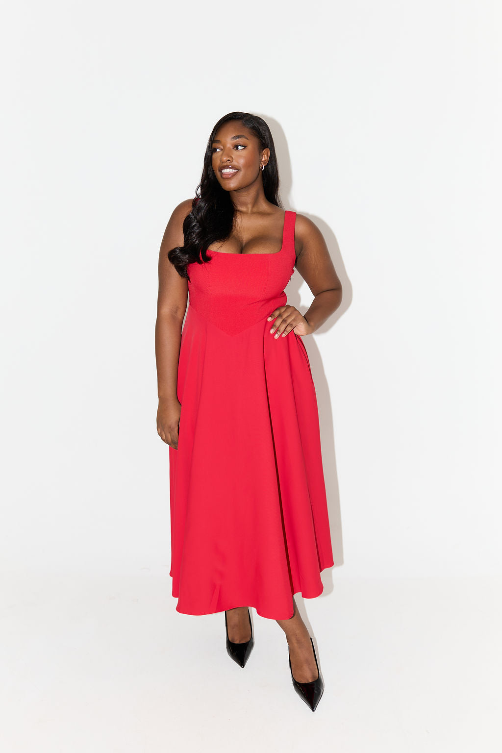 Women's Square Neck Midi Dress | Defined Waist and Flared Skirt for a Wedding Guest Look | Size XS-3XL, 4 Colors