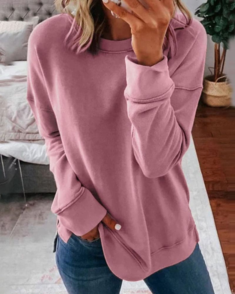 Women's Crew Neck Sweatshirt with Brushed Lining | Side Slits, Long Sleeves and Relaxed Fit | Size S-5XL, 11 Colors