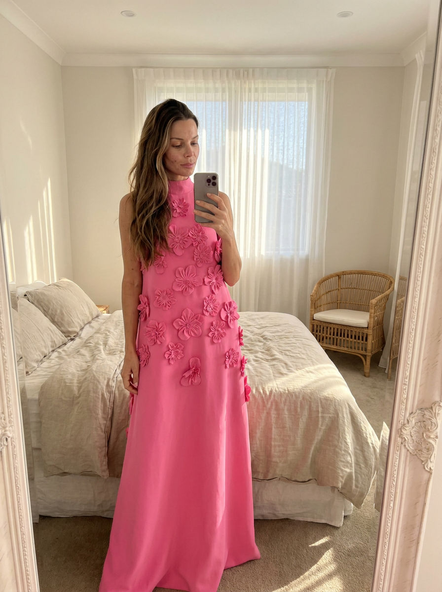 "Juno in our floral appliqué maxi"