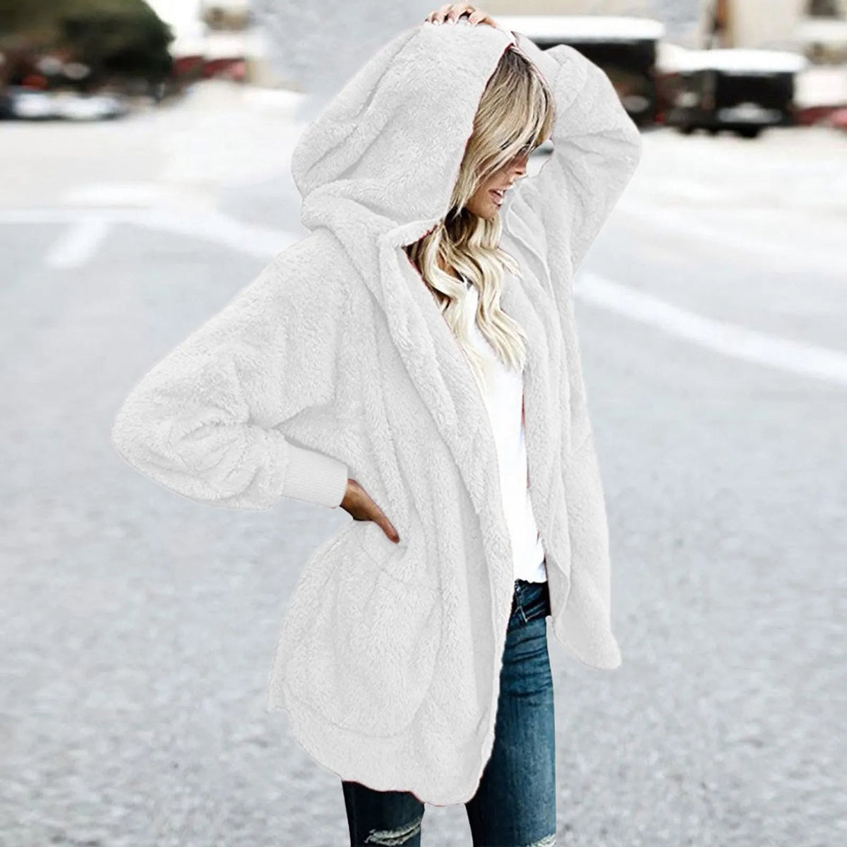Women's Long Fluffy Coat with Hood and Open Front | Dropped Shoulders, Side Pockets | Sizes XL to 3XL, 6 Colors
