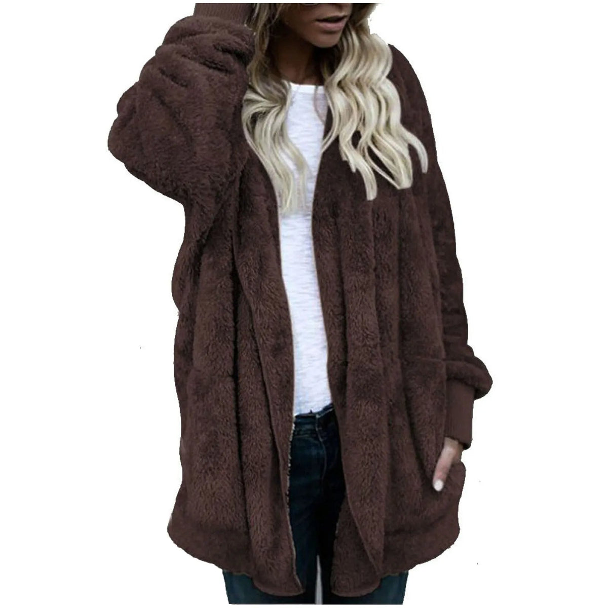 Women's Long Fluffy Coat with Hood and Open Front | Dropped Shoulders, Side Pockets | Sizes XL to 3XL, 6 Colors