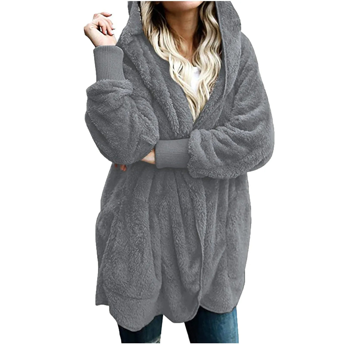Women's Long Fluffy Coat with Hood and Open Front | Dropped Shoulders, Side Pockets | Sizes XL to 3XL, 6 Colors