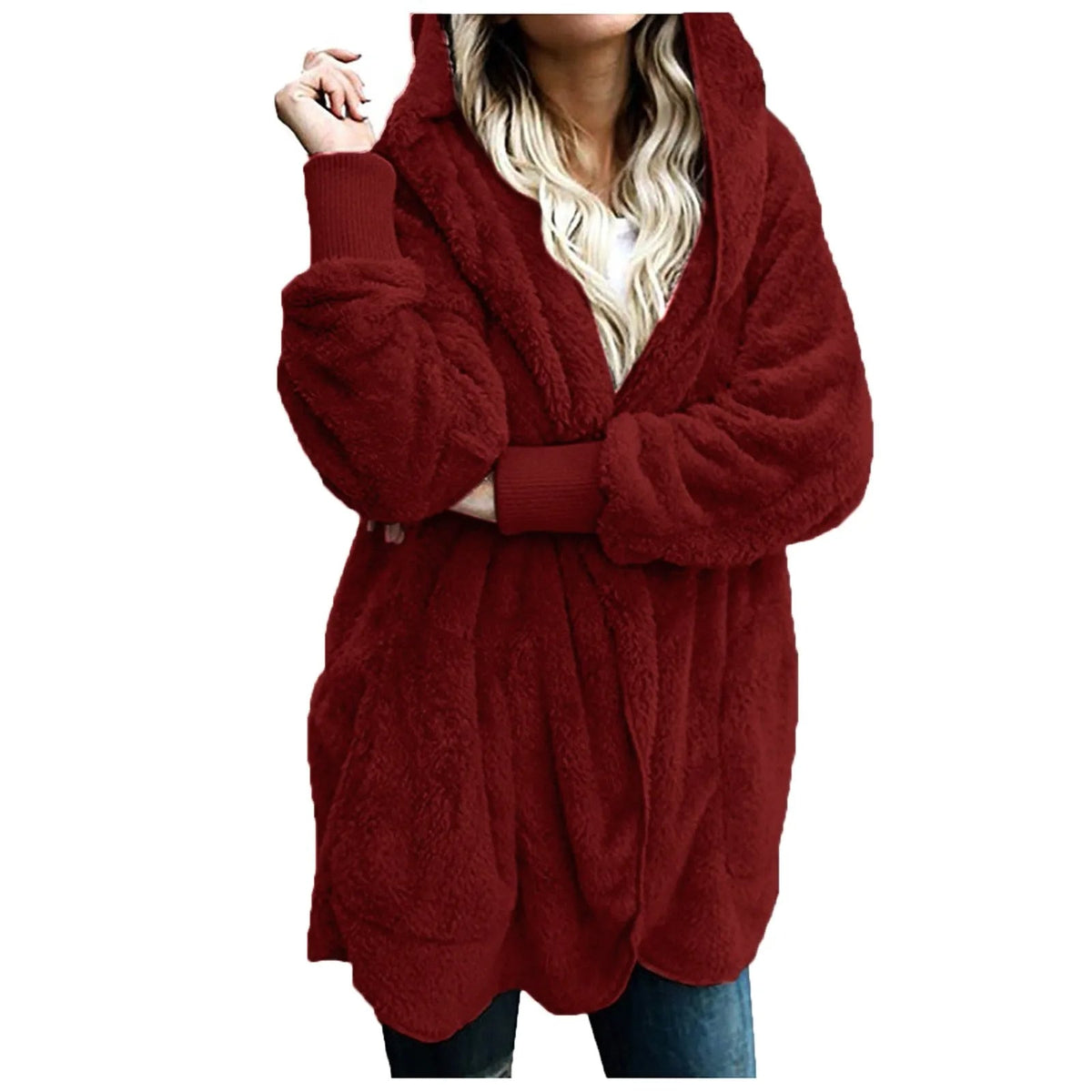 Women's Long Fluffy Coat with Hood and Open Front | Dropped Shoulders, Side Pockets | Sizes XL to 3XL, 6 Colors