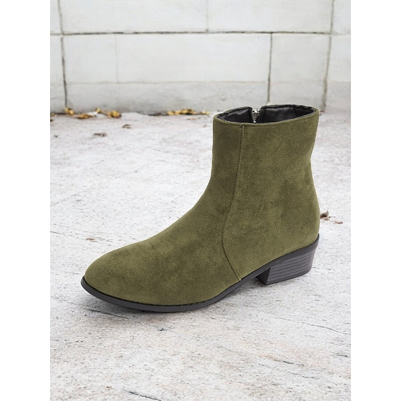 Women's Boots with Block Heel and Ankle Height | Zip Closure | Size 6-10.5 | Brown, Green, Black