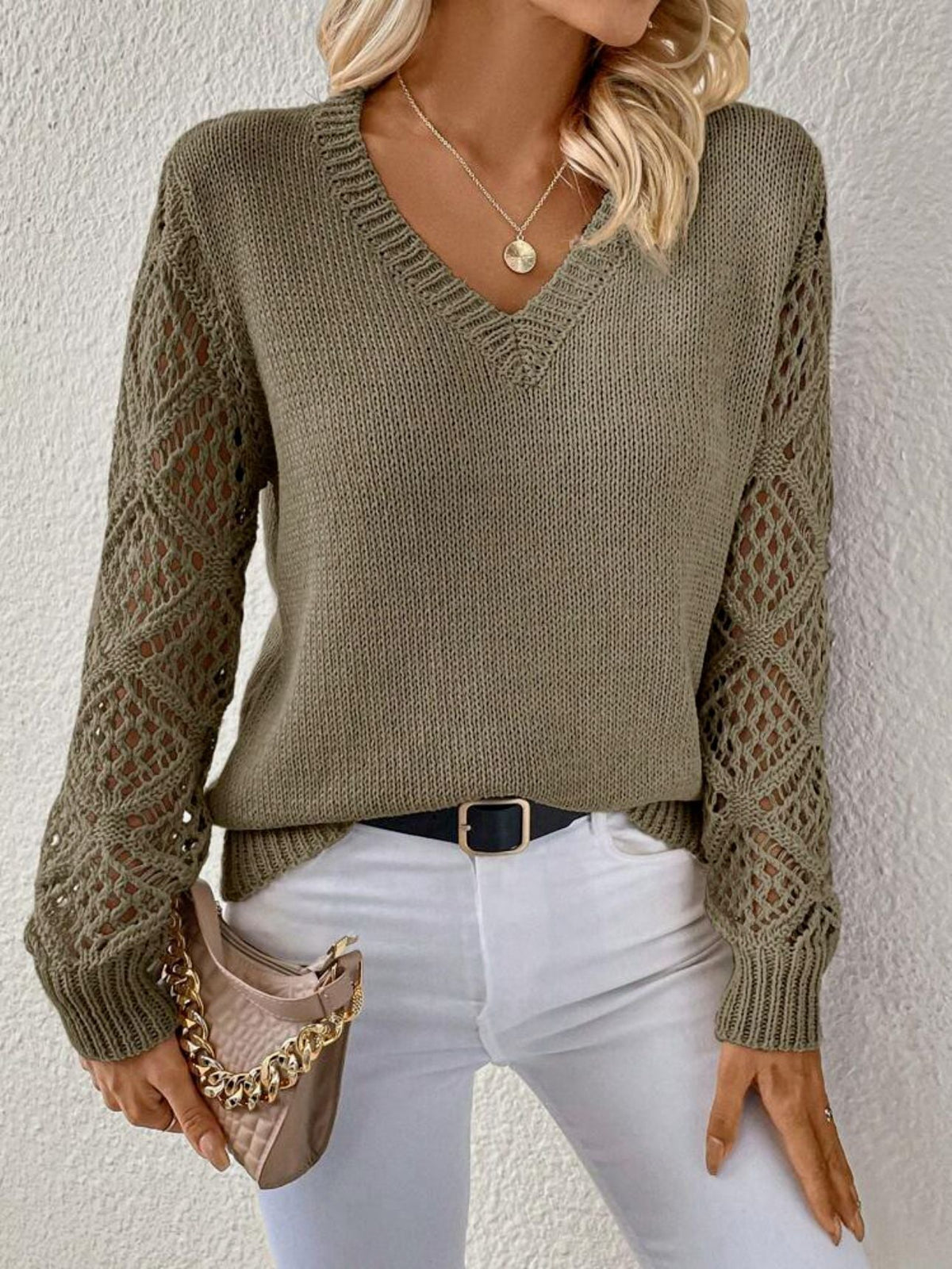 Women's V Neck Sweater with Crochet Sleeves | Relaxed Fit Knit Pullover with Ribbed Cuffs | Size S-XL, 5 Colors
