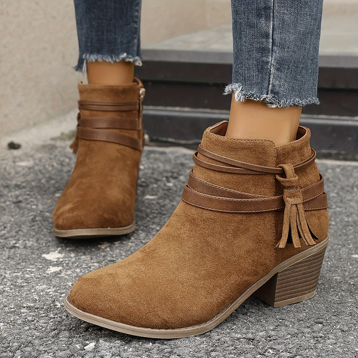 Women's Ankle Boots with Tassel Strap | Block Heel Booties, Pointed Toe and Side Zip | Size 5.5-10.5, Black or Beige