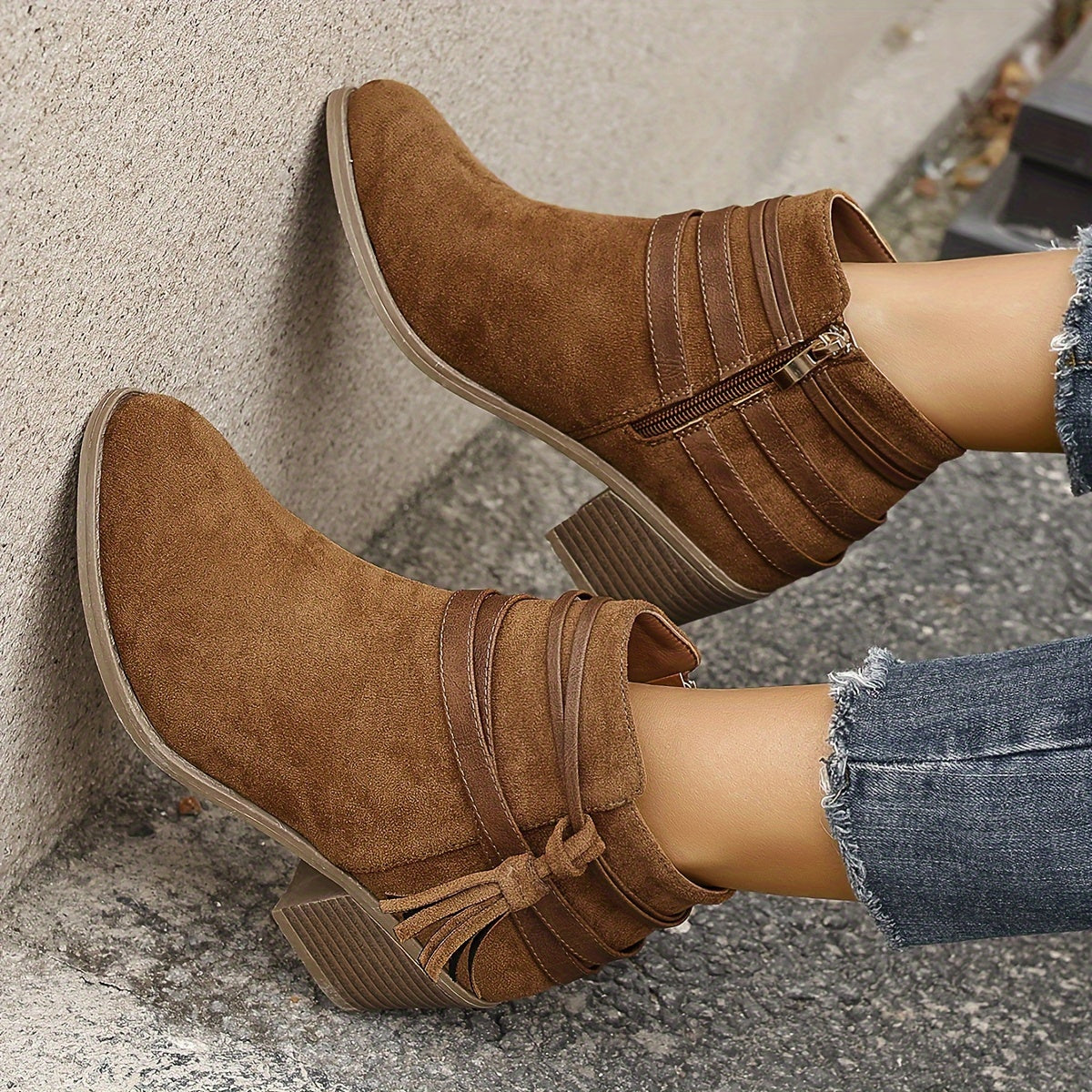 Women's Ankle Boots with Tassel Strap | Block Heel Booties, Pointed Toe and Side Zip | Size 5.5-10.5, Black or Beige