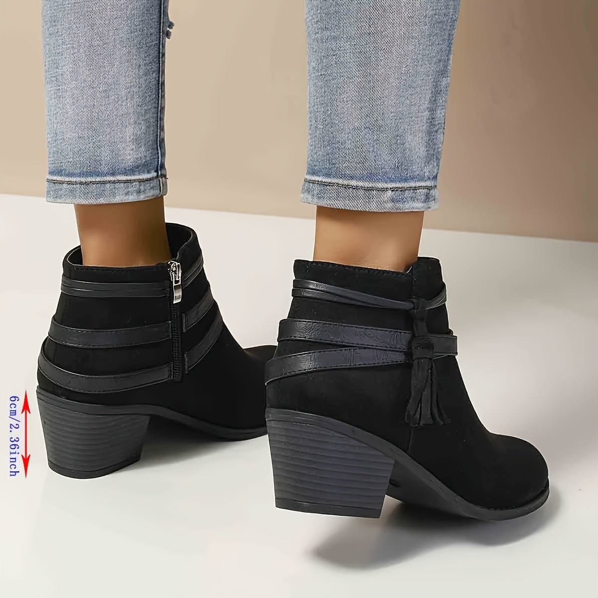 Women's Ankle Boots with Tassel Strap | Block Heel Booties, Pointed Toe and Side Zip | Size 5.5-10.5, Black or Beige