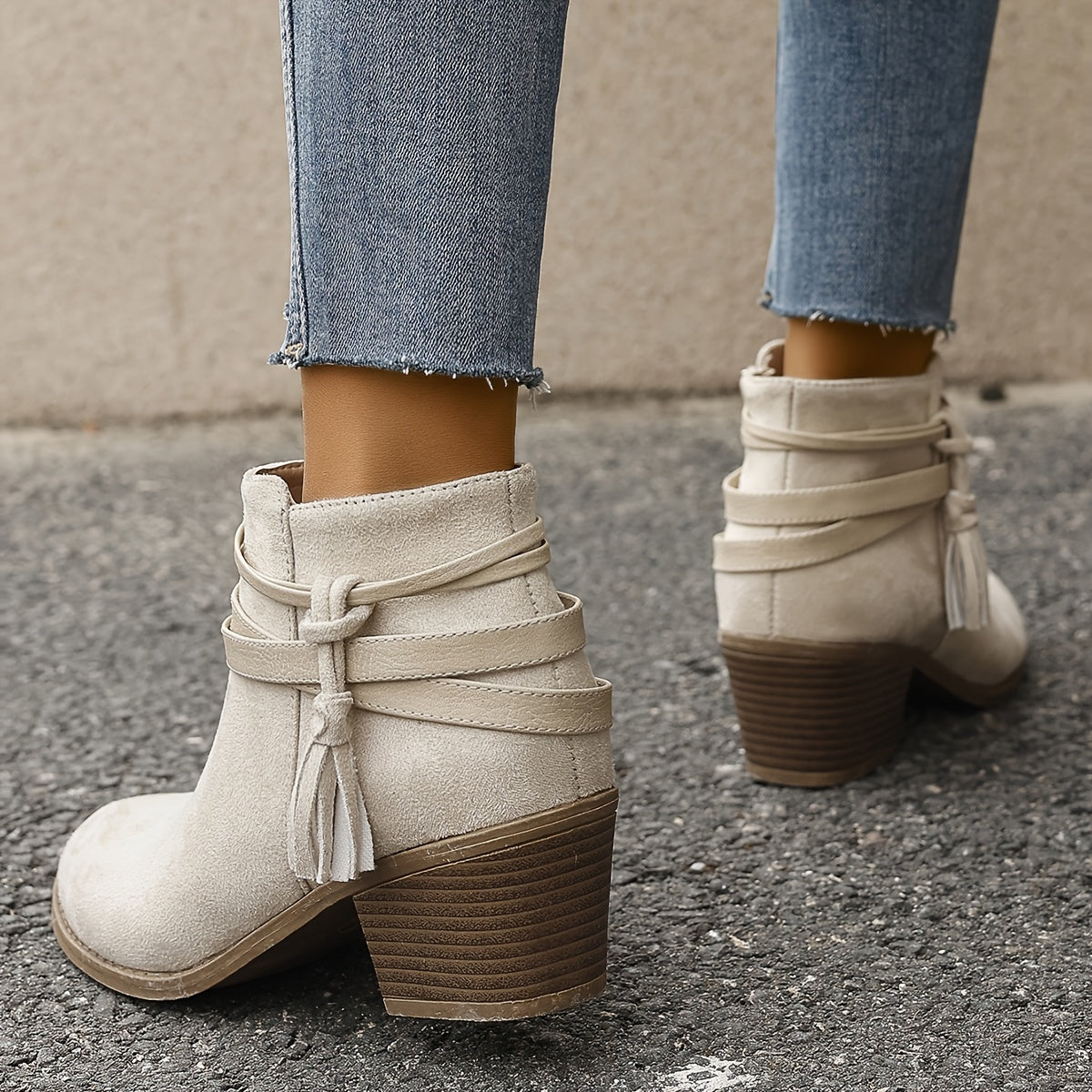 Women's Ankle Boots with Tassel Strap | Block Heel Booties, Pointed Toe and Side Zip | Size 5.5-10.5, Black or Beige