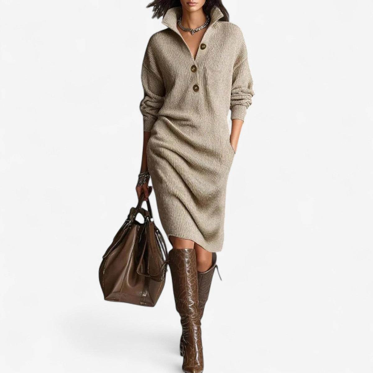 Women's Ribbed Knit Midi Dress | Buttoned Collar, Side Pockets and a Below the Knee Hem | Size S-3XL, 4 Colors