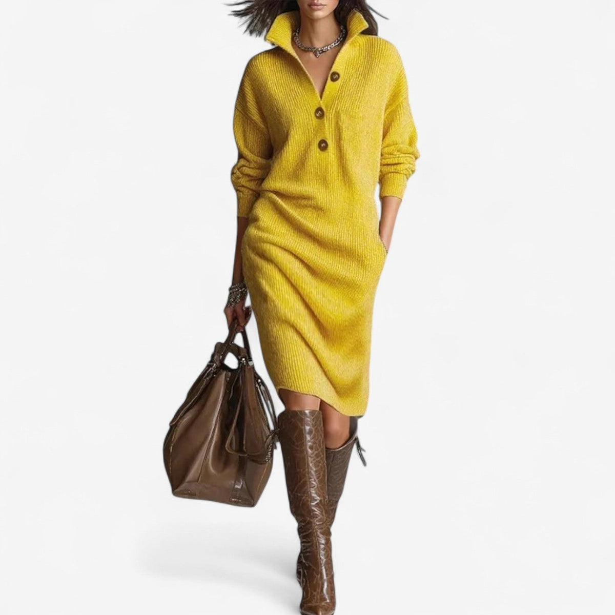 Women's Ribbed Knit Midi Dress | Buttoned Collar, Side Pockets and a Below the Knee Hem | Size S-3XL, 4 Colors