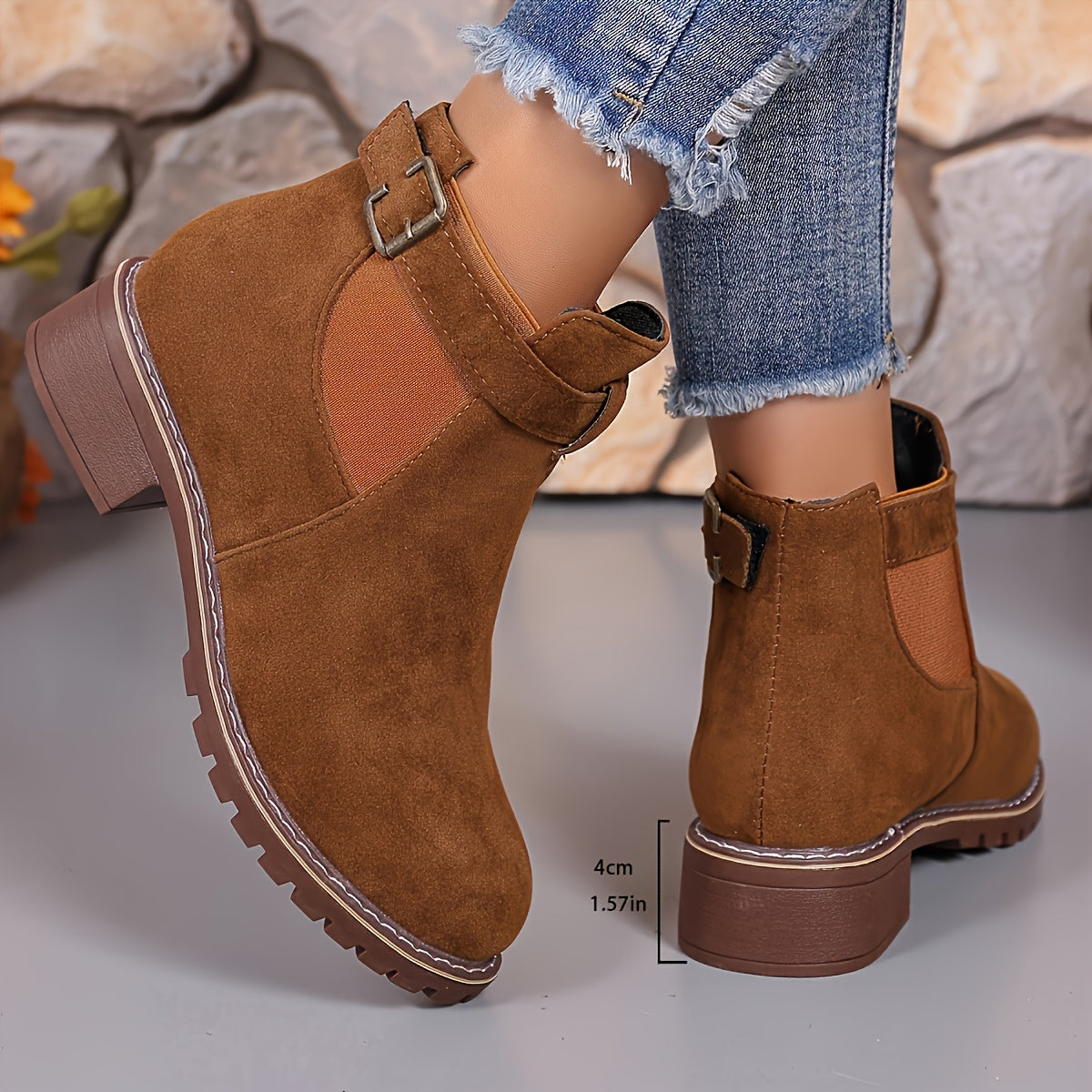 Women's Faux Suede Chelsea Boots with Ankle Buckle | Low Block Heel, Round Toe, Elastic Gores | Size 5.5-10.5