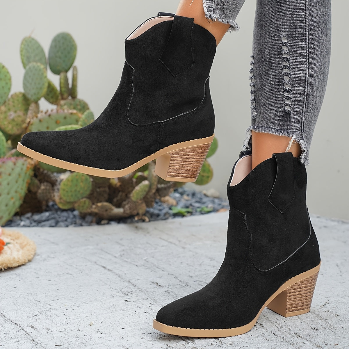 Women's Western Ankle Boots in Faux Suede | Wide Block Heel, Tapered Toe and a Pull On Fit | Size 5.5-10.5, 2 Colors
