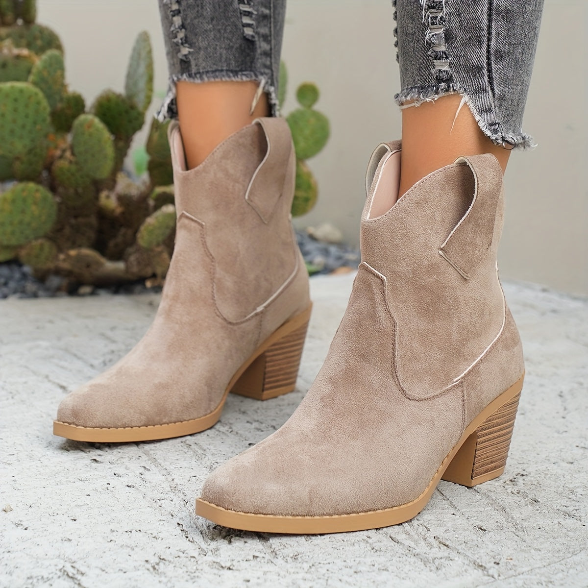 Women's Western Ankle Boots in Faux Suede | Wide Block Heel, Tapered Toe and a Pull On Fit | Size 5.5-10.5, 2 Colors